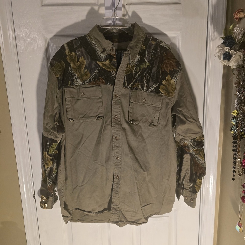 Master Sportsman Rugged Outdoor Gear Camo Patch Button Up Shirt Mens Size‎ XL